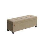 Ottoman de rangement rembourré en tissu de 109 cm de large avec pieds en bois et couvercle capitonné