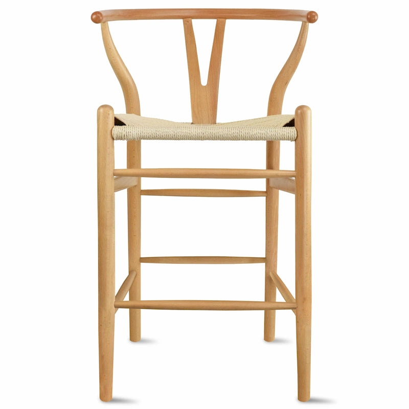 Tabouret de bar en bois massif hauteur comptoir avec dossier ouvert en Y, chaise de ferme tissée organique naturelle pour cuisine de designer - N/A