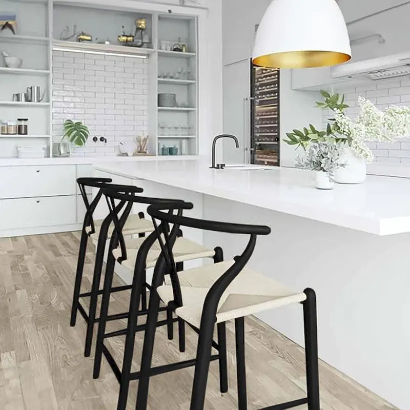 Tabouret de bar en bois massif hauteur comptoir avec dossier ouvert en Y, chaise de ferme tissée organique naturelle pour cuisine de designer - N/A