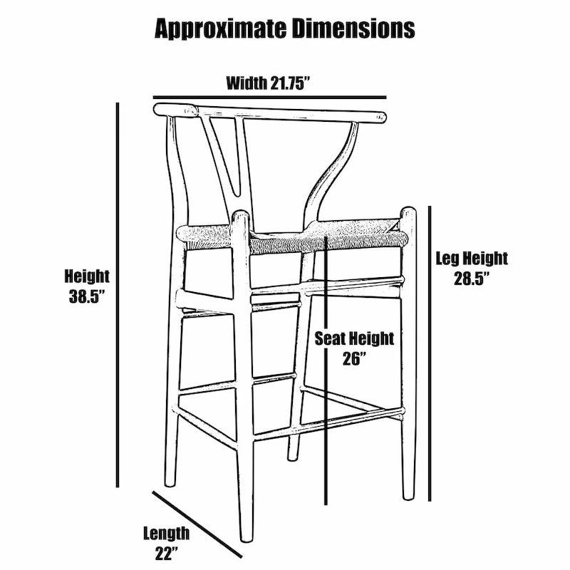 Tabouret de bar en bois massif hauteur comptoir avec dossier ouvert en Y, chaise de ferme tissée organique naturelle pour cuisine de designer - N/A