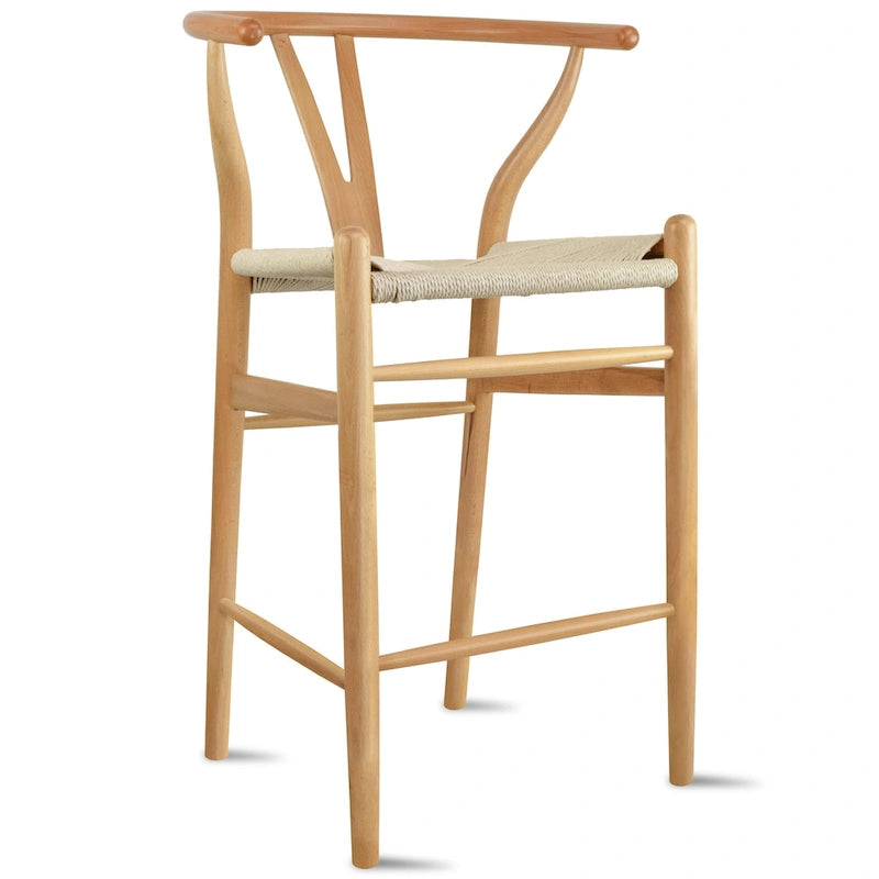 Tabouret de bar en bois massif hauteur comptoir avec dossier ouvert en Y, chaise de ferme tissée organique naturelle pour cuisine de designer - N/A