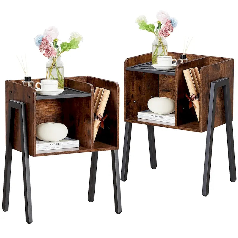 VECELO Lot de 2 tables de chevet industrielles avec étagères de rangement, Marron