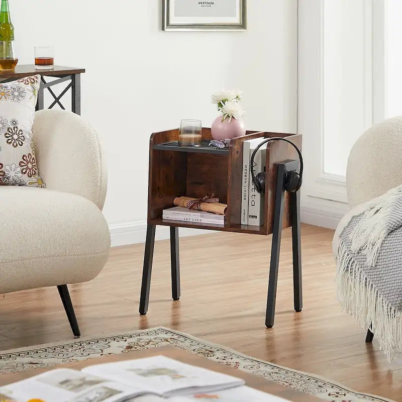 VECELO Lot de 2 tables de chevet industrielles avec étagères de rangement, Marron