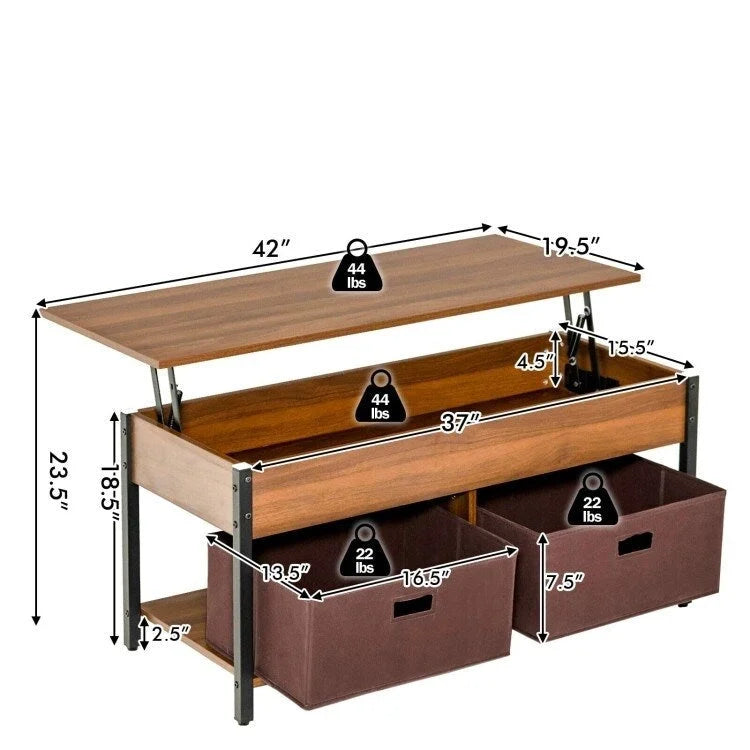 FarmHouse Lift-Top Multi Purpose Coffee Table with 2 Storage Drawers Bins