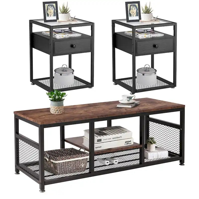 Lot de 3 tables basses modernes Taomika avec étagères de rangement, ensembles marron/noir