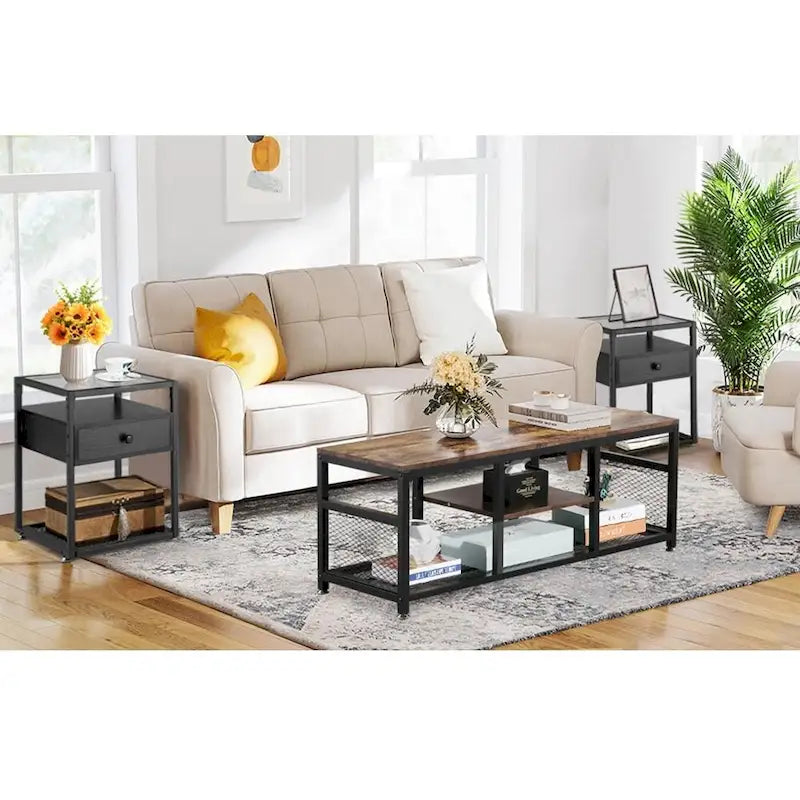 Lot de 3 tables basses modernes Taomika avec étagères de rangement, ensembles marron/noir