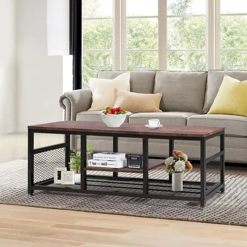 Lot de 3 tables basses modernes Taomika avec étagères de rangement, ensembles marron/noir