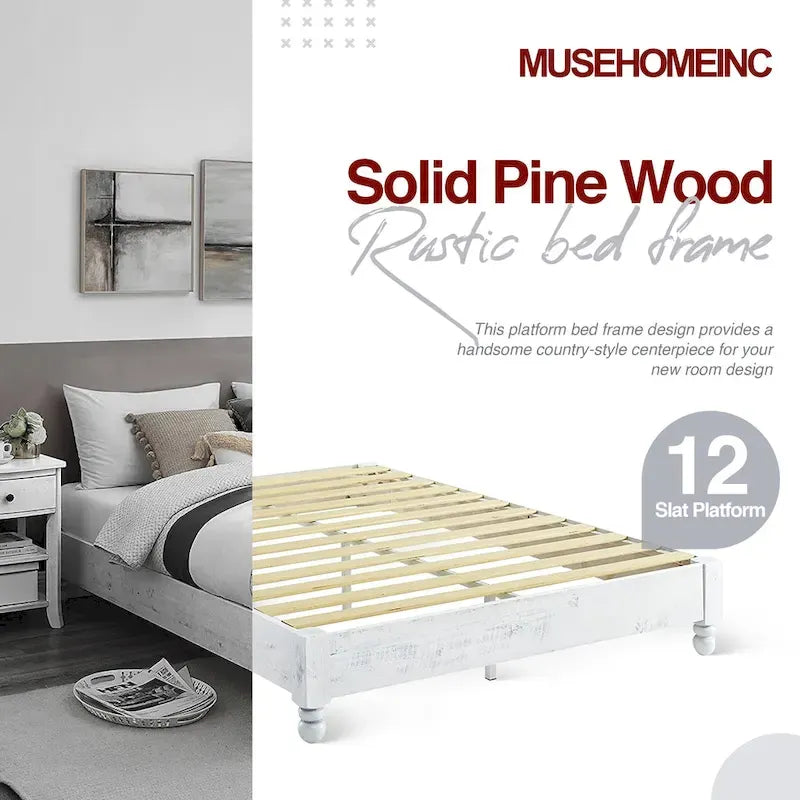 MUSEHOMEINC Cadre de lit plateforme rustique en pin massif 12 lattes, blanchi à la chaux, King - Blanchi à la chaux