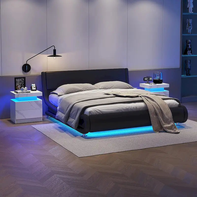 Modern Bedroom Wooden Nightstand/Bedside Table Cabinet with LED Lights and 2 Drawers