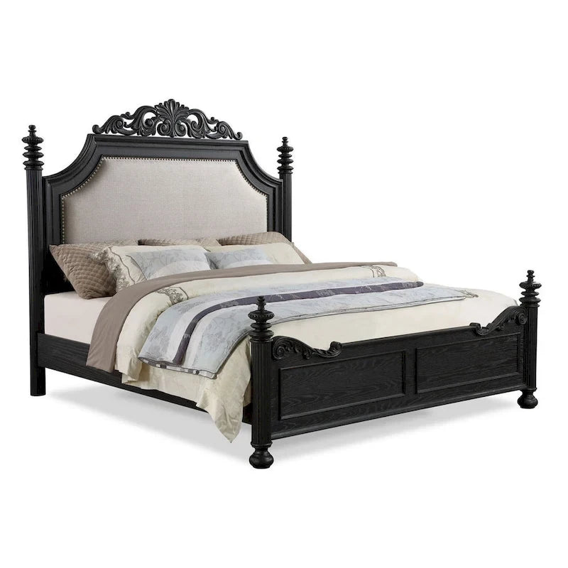 Lit Berry King Size, tête de lit à volutes, revêtement en tissu crème, bois noir