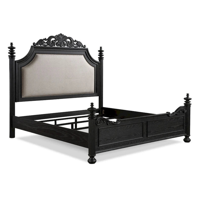 Lit Berry King Size, tête de lit à volutes, revêtement en tissu crème, bois noir