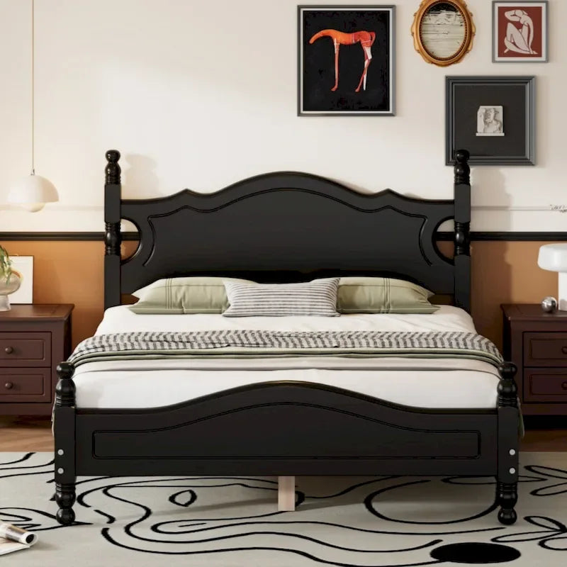 Full Size Wood Platform Bed Frame,Retro Style Platform Bed with Wooden Slat Support