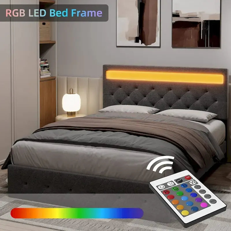Cadre de lit avec tête de lit lumineuse à LED
