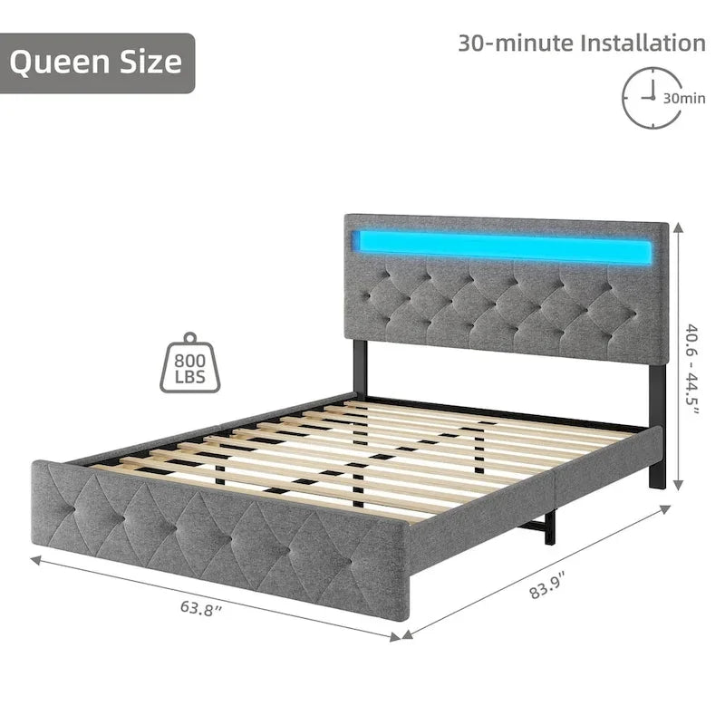 Cadre de lit avec tête de lit lumineuse à LED