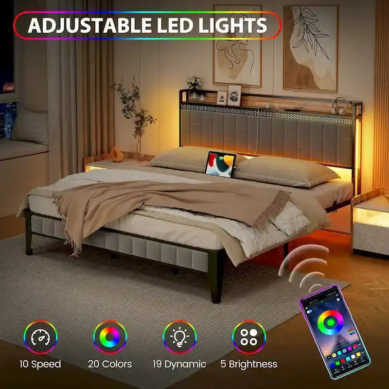 Cadre de lit avec lumière LED et tête de lit de rangement