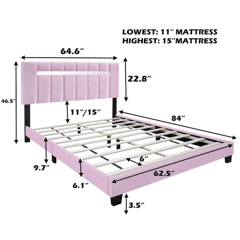 Pink Velvet Upholstered bed frame with adjustable Features,teenage girl's favoriate Pink collection