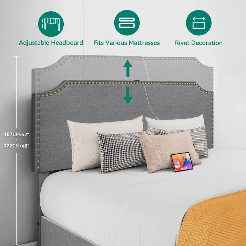 Cadre de lit plateforme Moasis King matelassé avec tête de lit incurvée réglable et 4 tiroirs de rangement