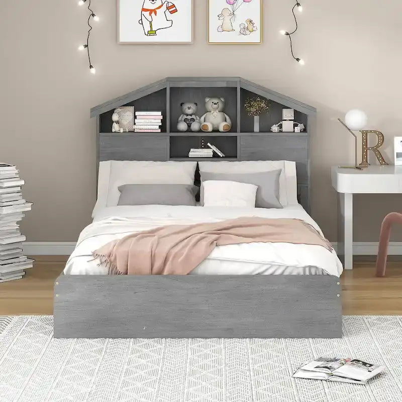 Wood Platform Bed with House-Shaped Storage Headboard and 2 Drawers