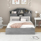 Wood Platform Bed with House-Shaped Storage Headboard and 2 Drawers