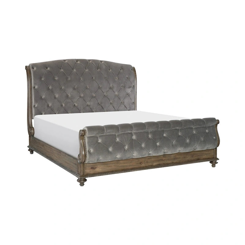 Parure de chambre traditionnelle 3 pièces, lit capitonné et deux tables de chevet