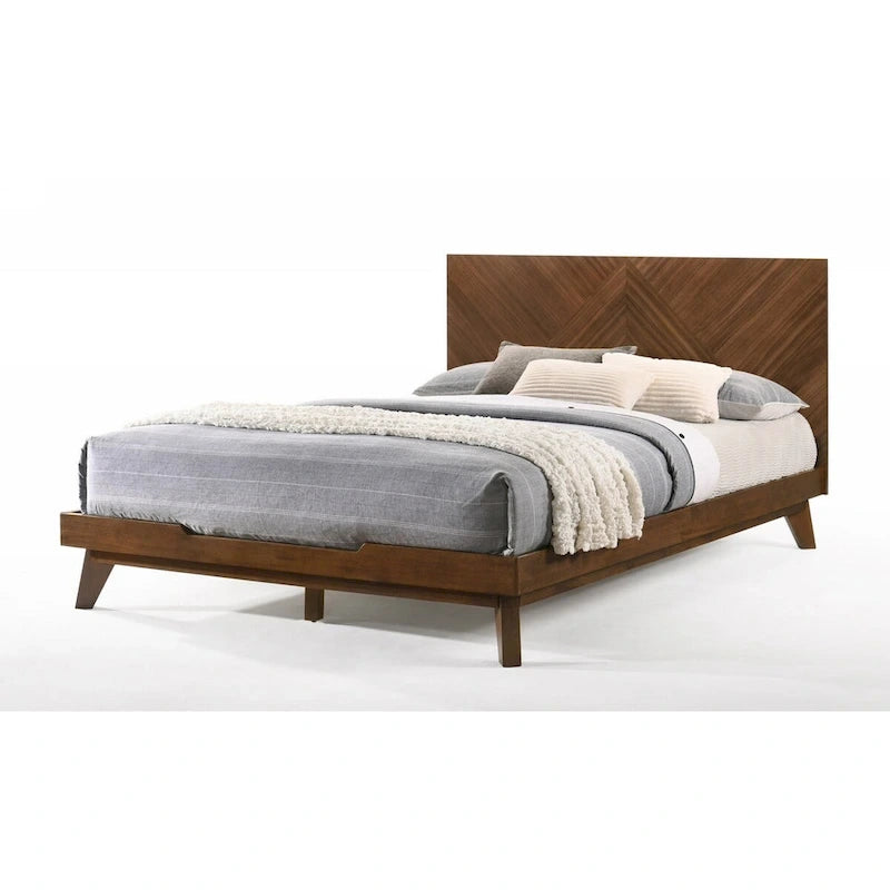 Soer Queen Bed, Chevron Pattern Tall Headboard, Walnut Brown Solid Wood