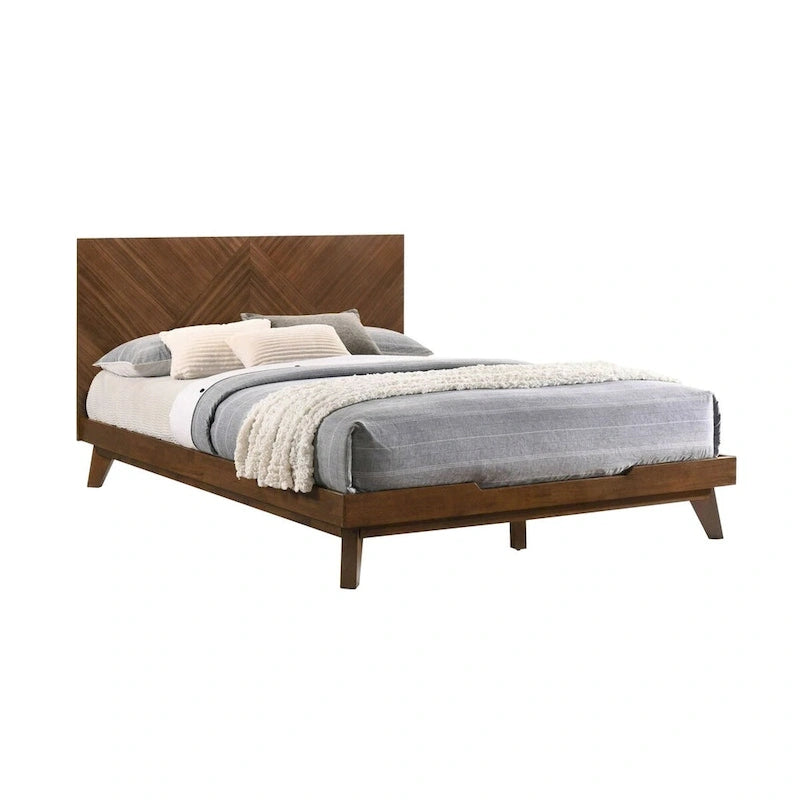 Lit Queen Soer, tête de lit haute à motif chevrons, bois massif Noyer Brun