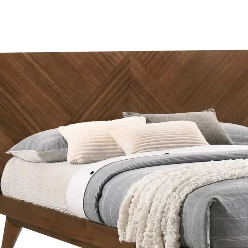 Lit Queen Soer, tête de lit haute à motif chevrons, bois massif Noyer Brun