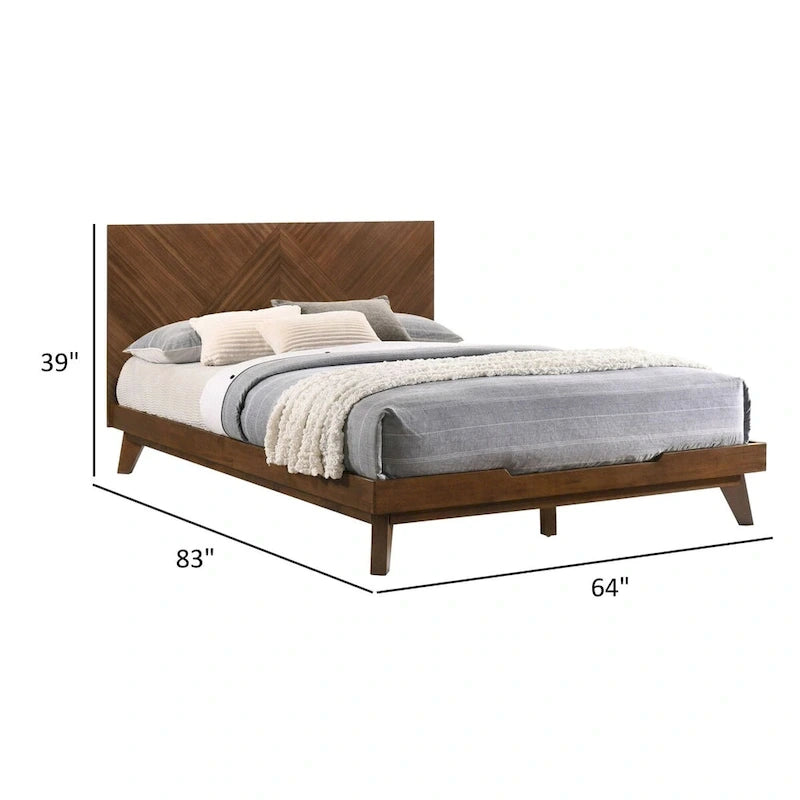 Lit Queen Soer, tête de lit haute à motif chevrons, bois massif Noyer Brun