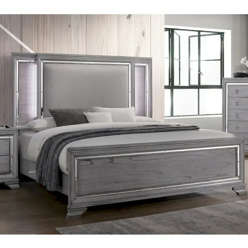 Ensemble 3 pièces contemporain gris Taia Furniture of America avec lit à panneaux, table de chevet et commode avec éclairage DEL