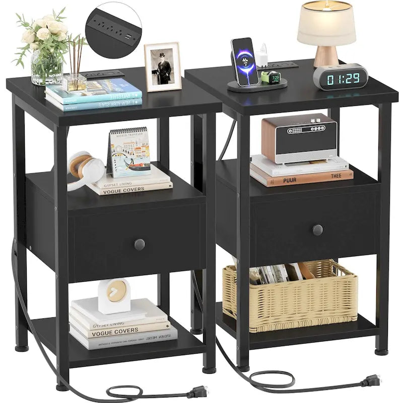 Lot de 2 tables de chevet avec station de charge et lumière LED, table d'appoint avec tiroirs