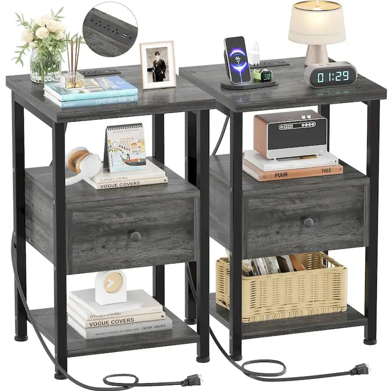 Lot de 2 tables de chevet avec station de charge et lumière LED, table d'appoint avec tiroirs