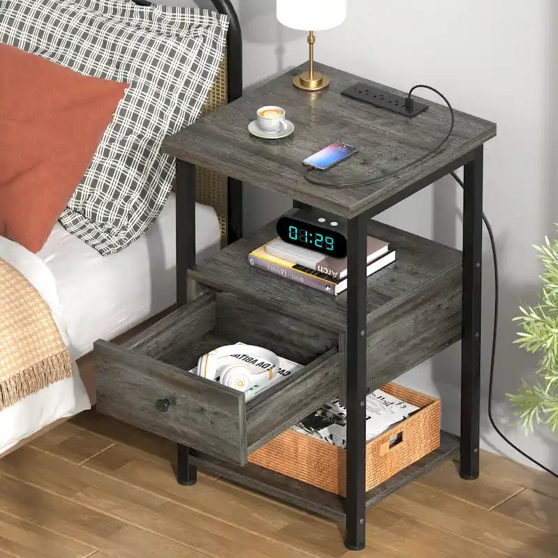 Lot de 2 tables de chevet avec station de charge et lumière LED, table d'appoint avec tiroirs
