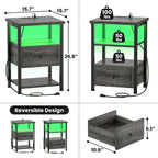 Lot de 2 tables de chevet avec station de charge et lumière LED, table d'appoint avec tiroirs