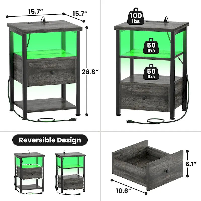Lot de 2 tables de chevet avec station de charge et lumière LED, table d'appoint avec tiroirs