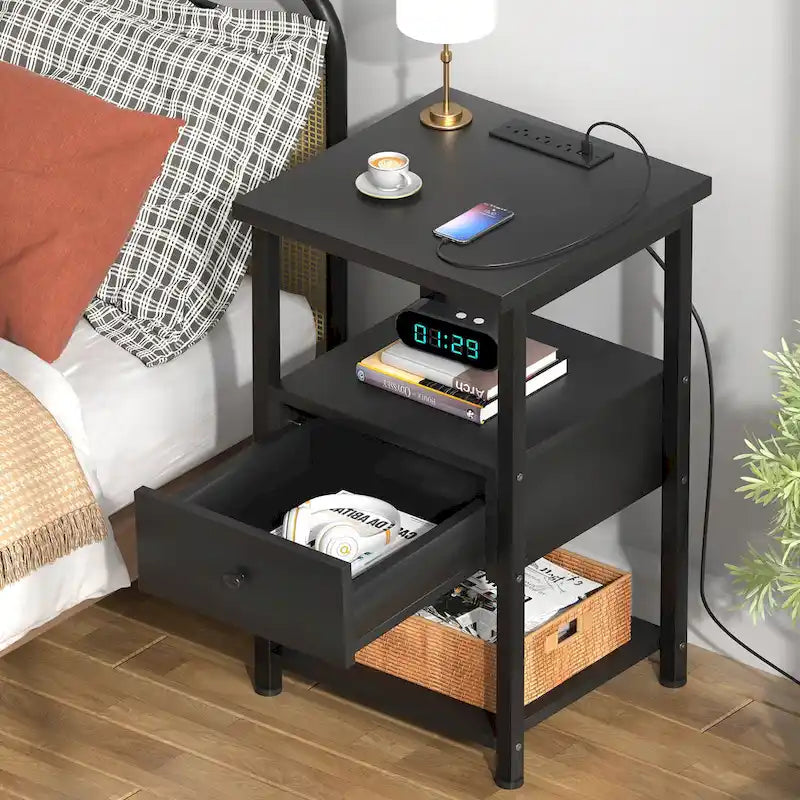 Lot de 2 tables de chevet avec station de charge et lumière LED, table d'appoint avec tiroirs