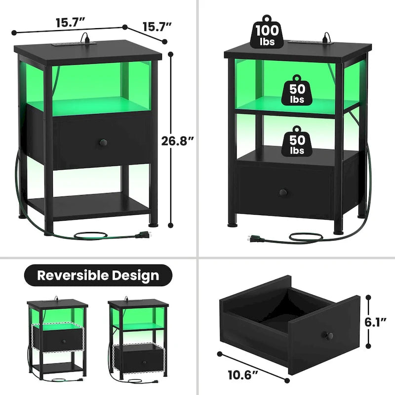 Lot de 2 tables de chevet avec station de charge et lumière LED, table d'appoint avec tiroirs