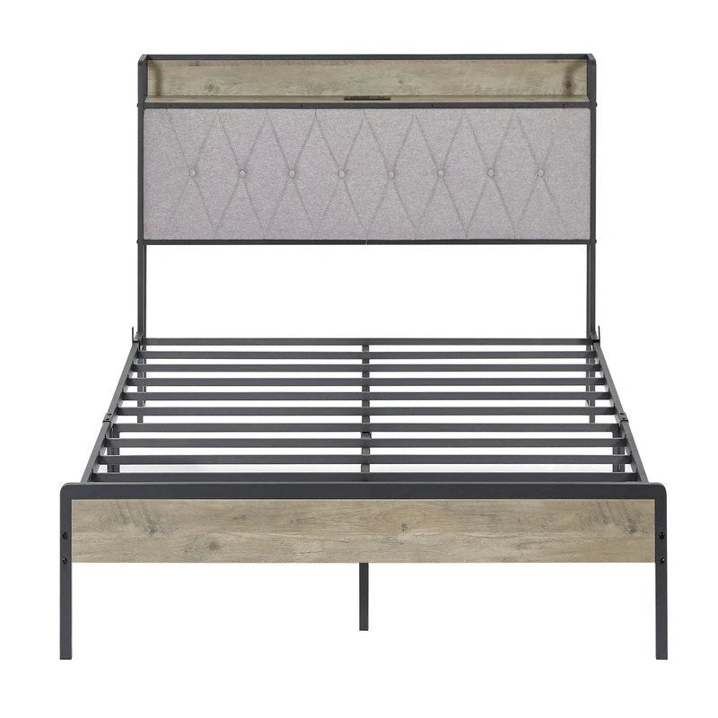 Mieres Full Size Bed Frame, Platform Bed with Storage Headboard and Charging Station, Non-Slip Without Noise