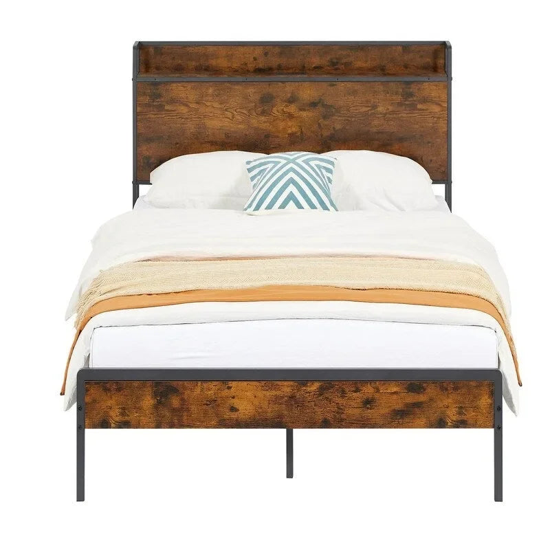 Mieres Full Size Bed Frame, Platform Bed with Storage Headboard and Charging Station, Non-Slip Without Noise