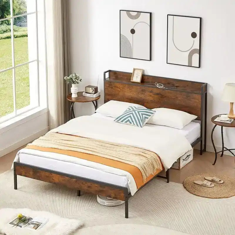 Mieres Full Size Bed Frame, Platform Bed with Storage Headboard and Charging Station, Non-Slip Without Noise