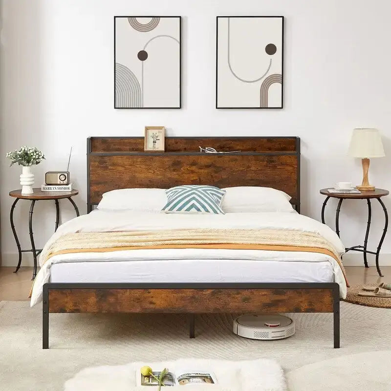 Mieres Full Size Bed Frame, Platform Bed with Storage Headboard and Charging Station, Non-Slip Without Noise