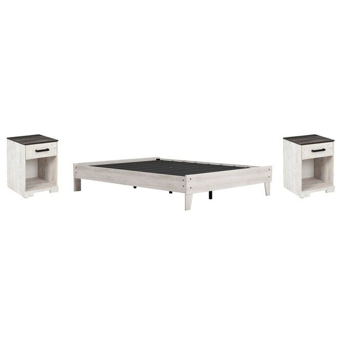 Lit plateforme Ashley Shawburn Whitewash de Signature Design avec 2 tables de nuit