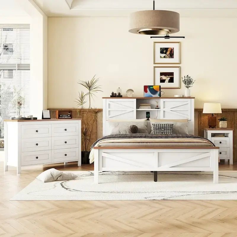 3-Pieces Bedroom Sets Queen Size Platform Bed with Storage Nightstand and Dresser