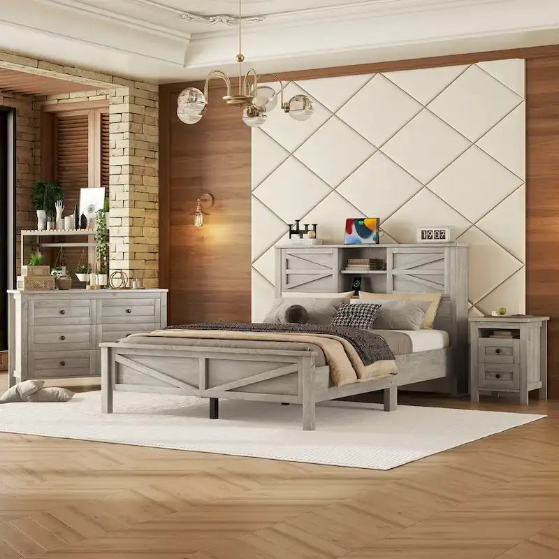 3-Pieces Bedroom Sets Queen Size Platform Bed with Storage Nightstand and Dresser