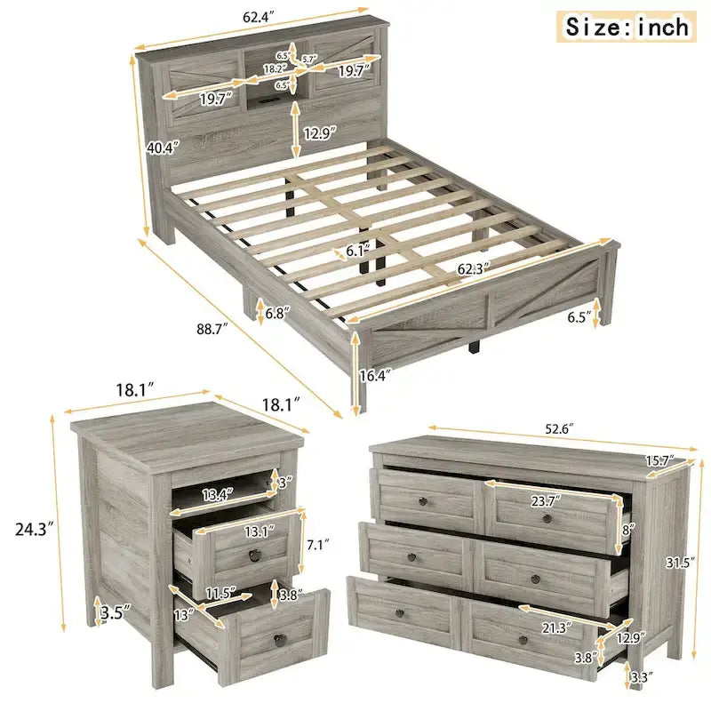 3-Pieces Bedroom Sets Queen Size Platform Bed with Storage Nightstand and Dresser