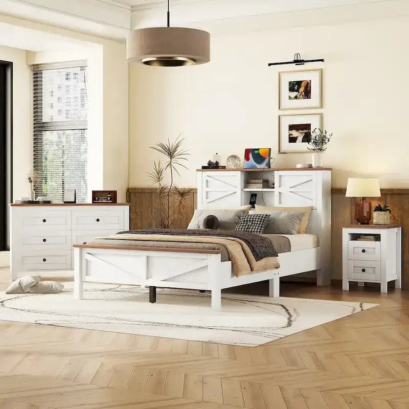 3-Pieces Bedroom Sets Queen Size Platform Bed with Storage Nightstand and Dresser