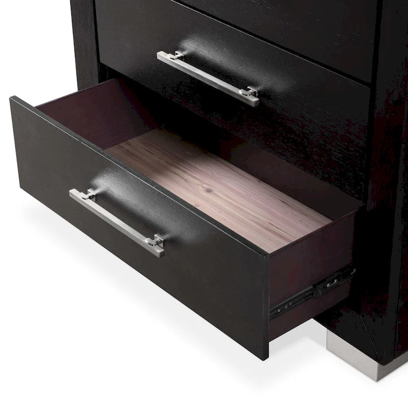 Commode de rangement moderne Alaric de Furniture of America, en bois massif noir, avec 5 tiroirs dont un tiroir inférieur doublé de cèdre