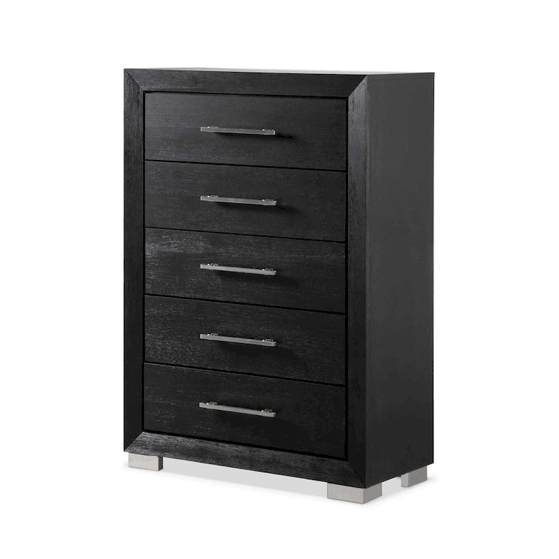 Commode de rangement moderne Alaric de Furniture of America, en bois massif noir, avec 5 tiroirs dont un tiroir inférieur doublé de cèdre