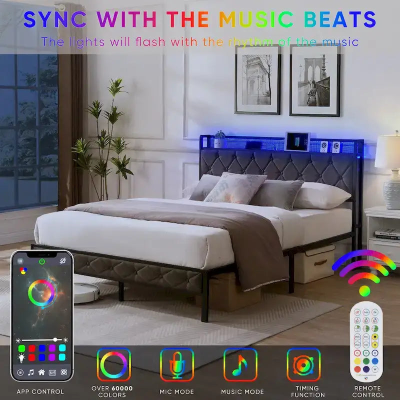 Platform Bed Frame with Storage Headboard, Charging Station and LED Lights