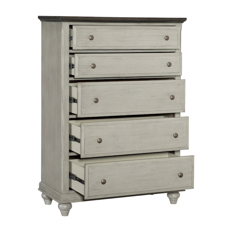 Chambre à coucher gris clair, ensemble de 6 pièces : lit, tables de chevet, commode, miroir, chiffonnier