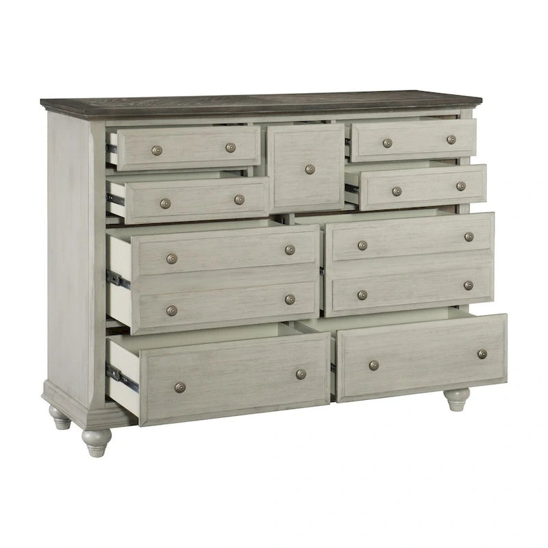 Chambre à coucher gris clair, ensemble de 6 pièces : lit, tables de chevet, commode, miroir, chiffonnier